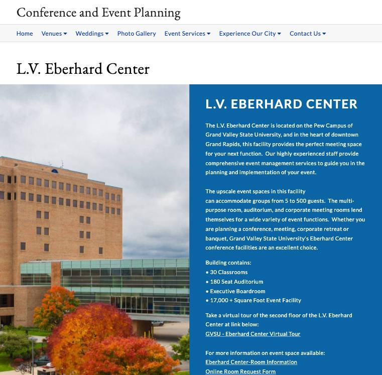 Screen capture of GVSU Conference and Event Planning site highlighting the use of a full width image and blue background
